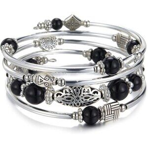 Black Layered Wrap Bangle Bead Bracelet w/ Agate Stone